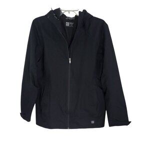 MEC Women's Black Full Zip Hooded Rain Jacket Long‎ Sleeve Drawcord Size M